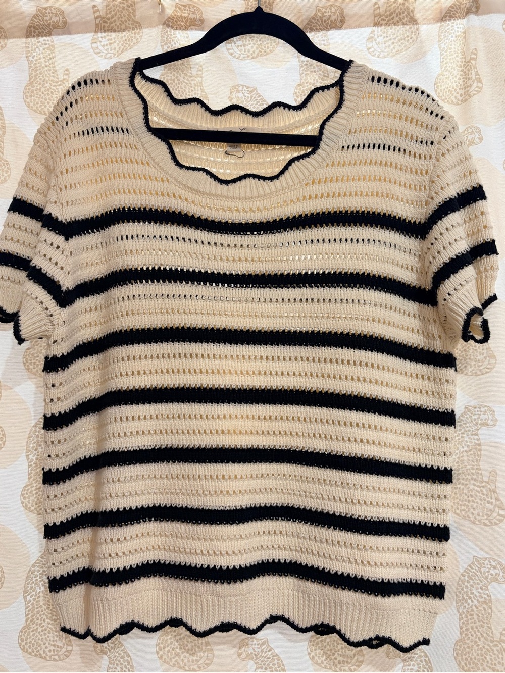 Vine & Love Cream and Black Striped Short-Sleeve Knit Sweater Scalloped edges